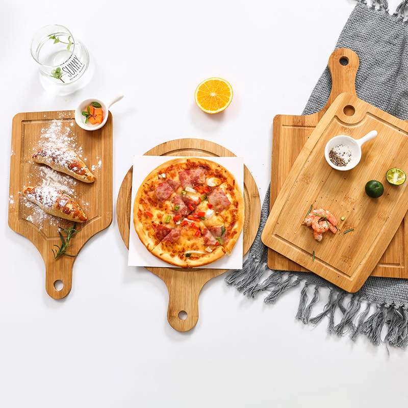 Placa de bambu para pizza com logo personalizado, bandeja redonda com mão para assar pizza, sushi, prato de corte, pizza, bolo, ferramentas para assar - 1