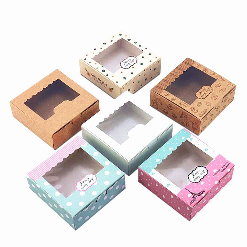 Scatola di carta Kraft dal design personalizzato Scatola per imballaggio di torte per biscotti con finestra in plastica in pvc per caramelle, biscotti, cioccolato, carta, scatola regalo in cartone