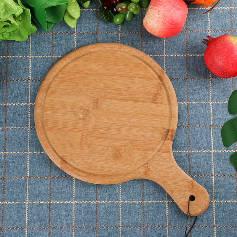 Placa de bambu para pizza com logo personalizado, bandeja redonda com mão para assar pizza, sushi, prato de corte, pizza, bolo, ferramentas para assar