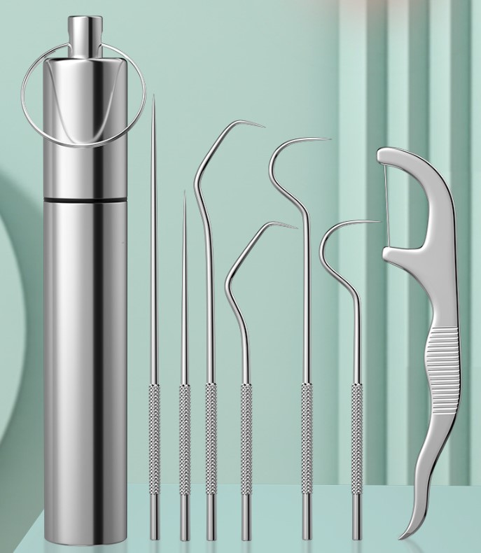 Stainless steel dental floss, portable toothpick, tooth filling tool, tooth gap hook, needle, dental floss stick, 7-piece set