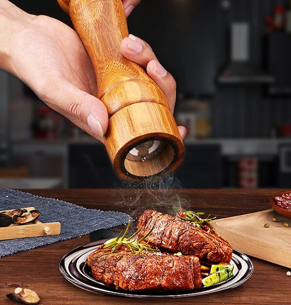Custom logo Bamboo Pepper Spice Mill Grinder Handheld Seasoning Mills Grinder Spice Milling Machine Adjustable Pepper Shakers - 1