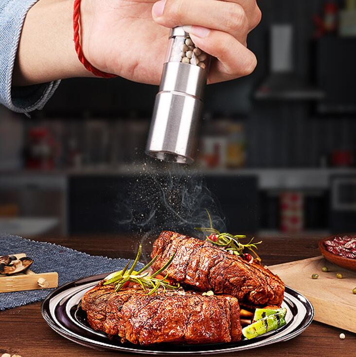 Custom logo Manual Salt and Pepper Grinder Set Thumb Push Pepper Mill Stainless Steel Spice Sauce Grinders With Metal Holder - 1