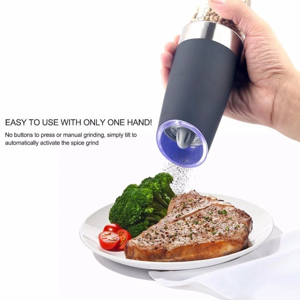 Custom logo Stainless Steel Battery Operated Gravity Electric Pepper Grinder Salt Mill Automatic Spices Mill with Blue Led Light - 1