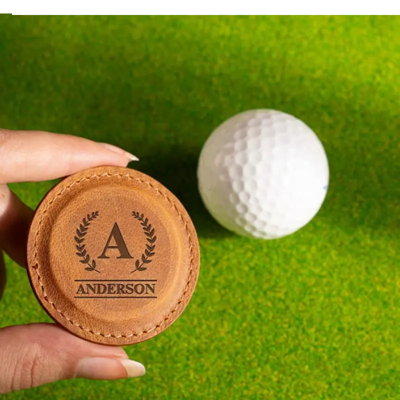 Custom logo Pu Leather Magnetic golf ball marker circular ball marker positioning clamp golf gift golf ball marker