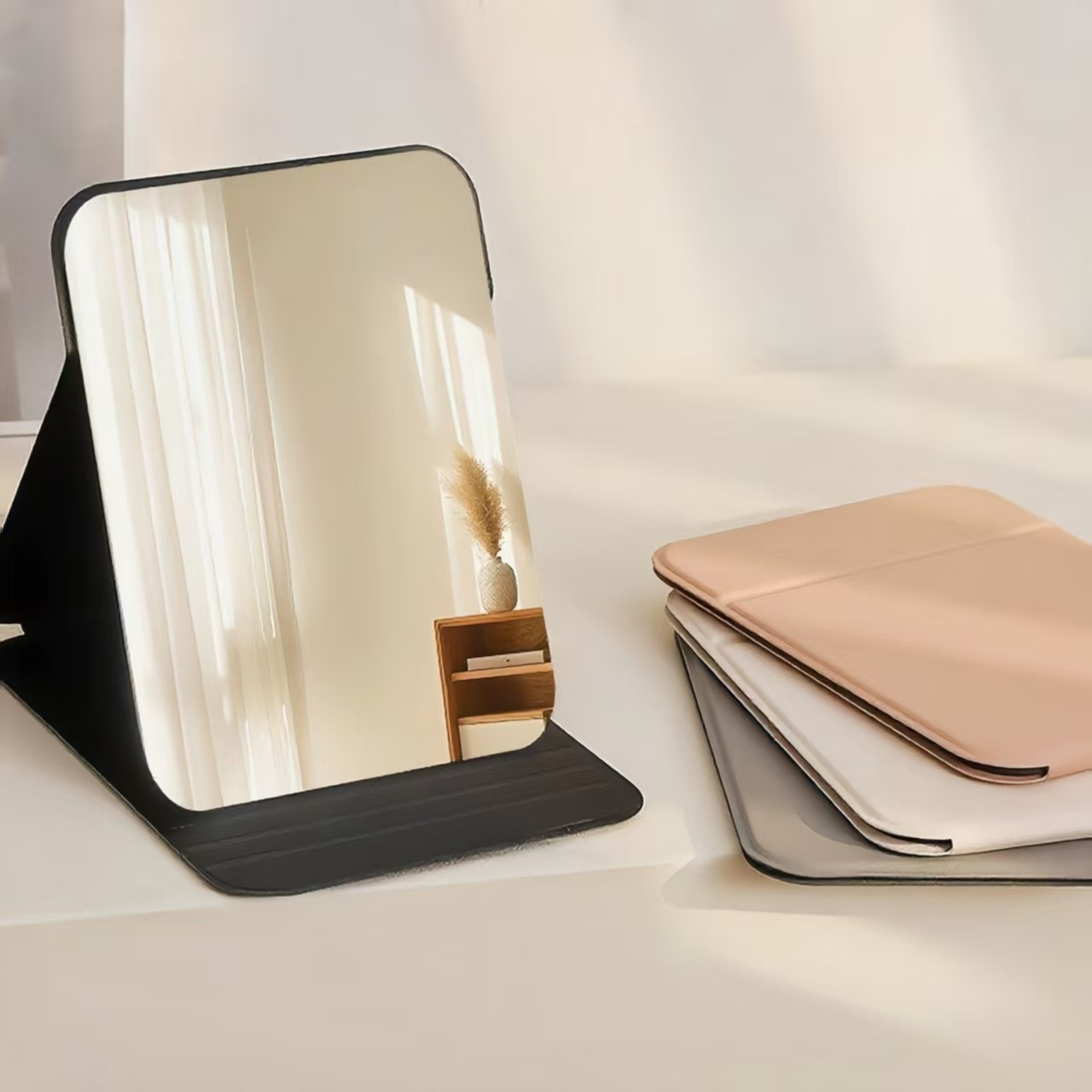 Custom logo Foldable small mirror cosmetic pocket mirror portable desktop standable mirror