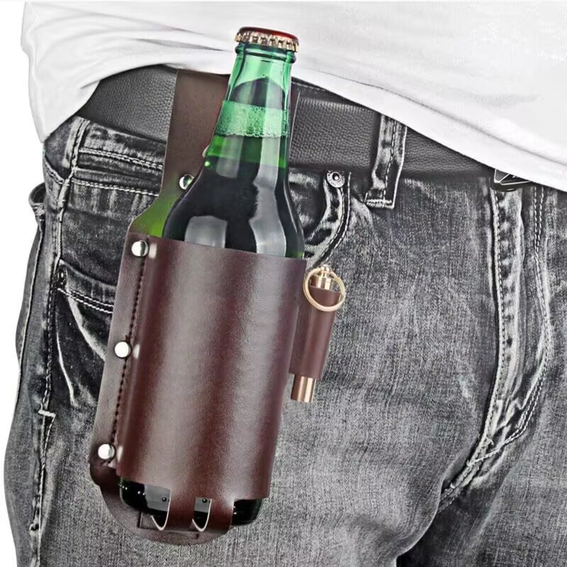 Custom logo Outdoor mountaineering leather beer sleeve waist-hanging can beer storage leather case bottle protector cup sleeve